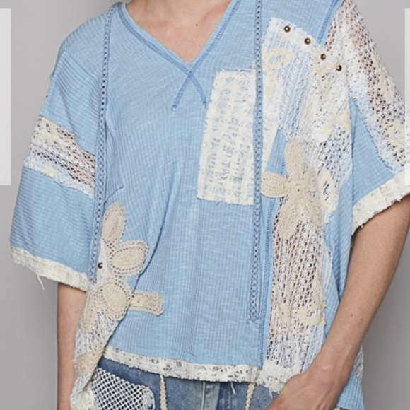 POL Tops - POL V-neck hoodie, relaxed fit top lace embroidered Various sizes BLUE